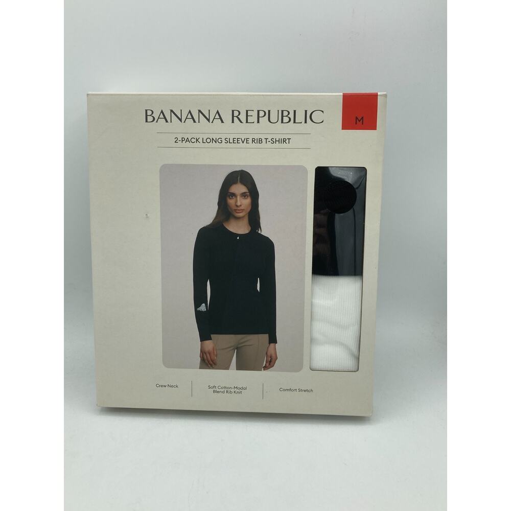 Banana Republic Women's 2-Pack Long Sleeve Rib T-Shirt, Black/White, Size Medium